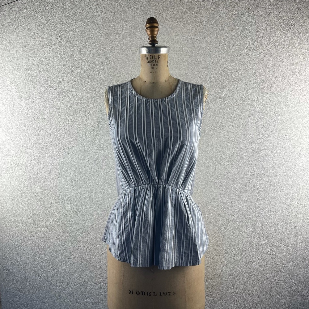 JCrew l XXS Chambray Vertical Pintuck Striped Jersey Gathered Peplum Waist Tank